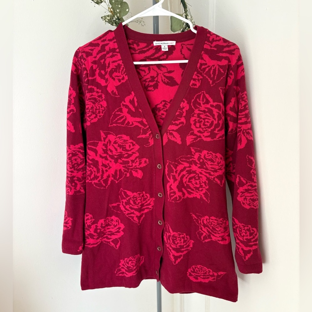 Isaac Mizrahi Jacquard Rose Cardigan Pink Floral Oversized Cottagecore Small